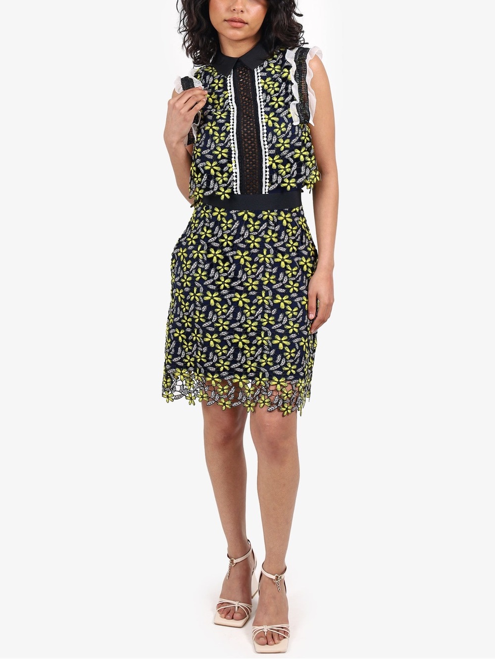 Self-Portrait Floral Guipure Lace Collared Sleeveless Dress | Navy Yellow | 0